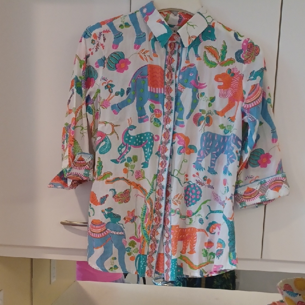 Gretchen Scott Designs Blue and Pink Button Down Shirt Vibrant Floral